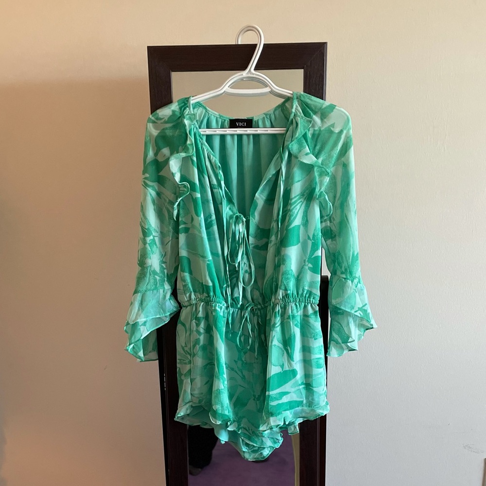 Vici dolls green tropical leaf print romper